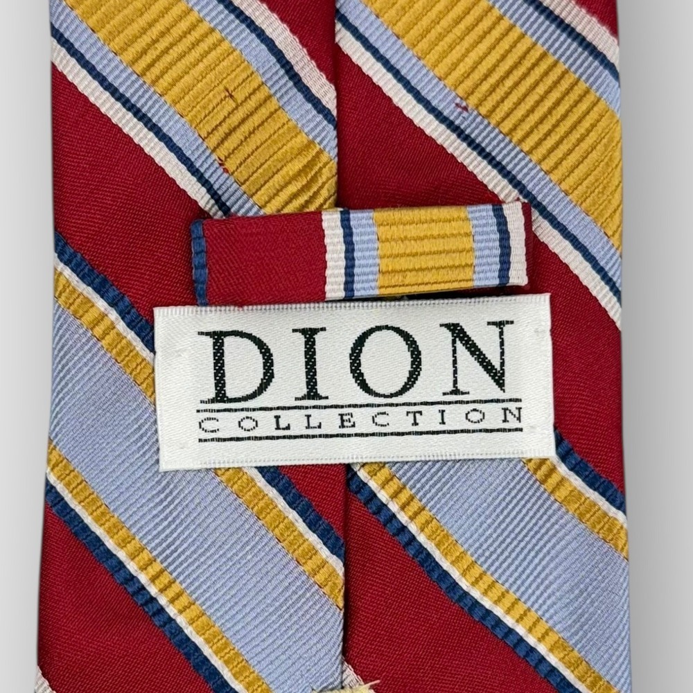 Dion Collection Men’s Silk Necktie Red Blue Yellow Striped Handmade 3.5" x 60" - Picture 6 of 7